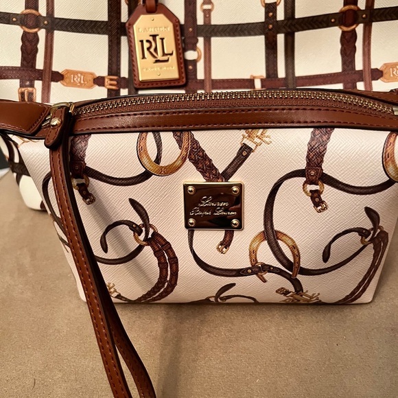 Lauren Ralph Lauren Brown and Cream Large Equestrian Style Tote and Wristlet EUC - Picture 4 of 15